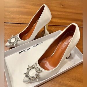 White satin Amina Muaddi heel